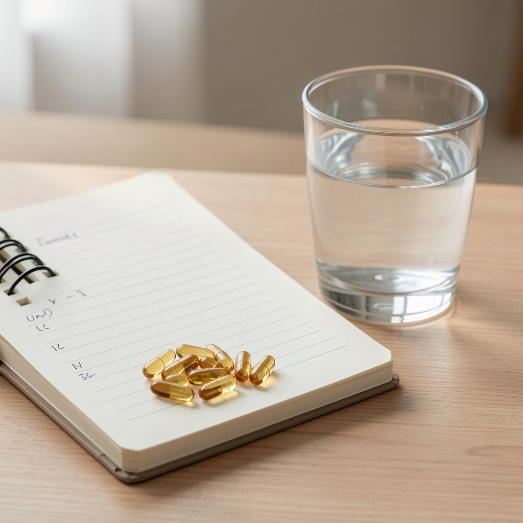Cápsulas de Omega-3 junto a una libreta de rutina matutina y un vaso de agua