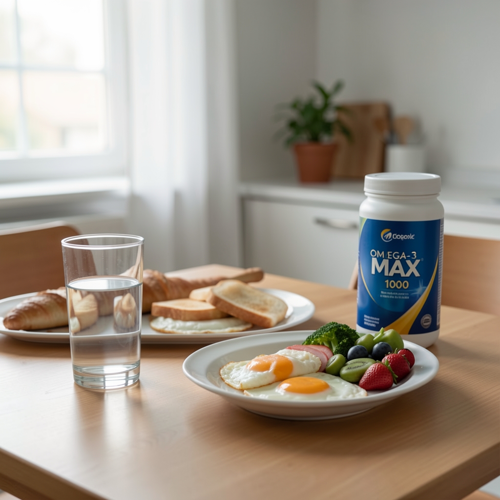 Rutina matutina con vaso de agua, desayuno equilibrado y envase de Omega-3 Max 1000