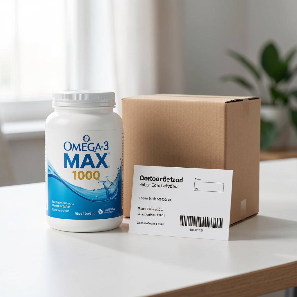 Detalle del envase Omega-3 Max 1000 junto a tarjeta de pedido y caja de entrega discreta