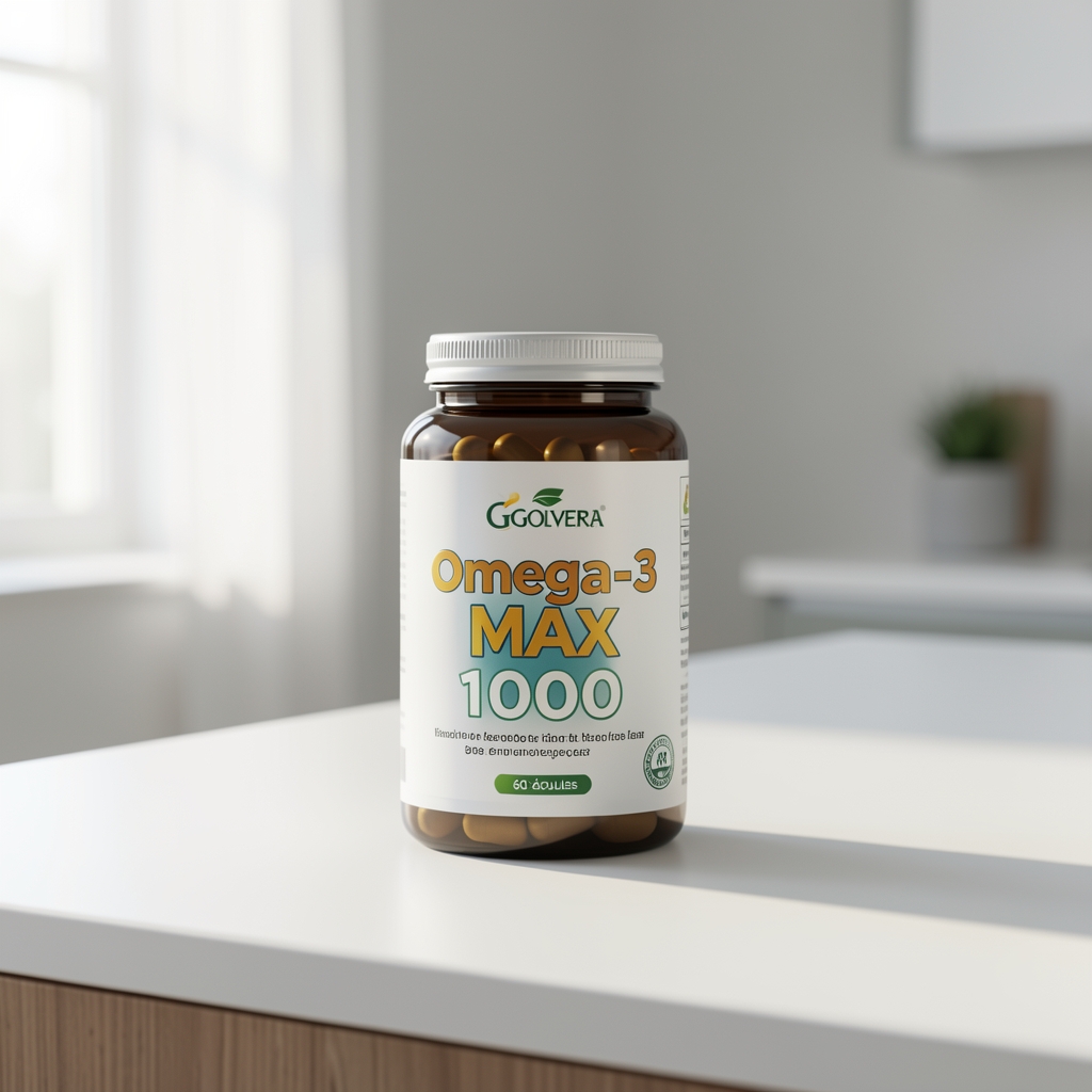 Omega-3 Max 1000 de Golvera en envase de 60 cápsulas sobre mesa clara con luz natural